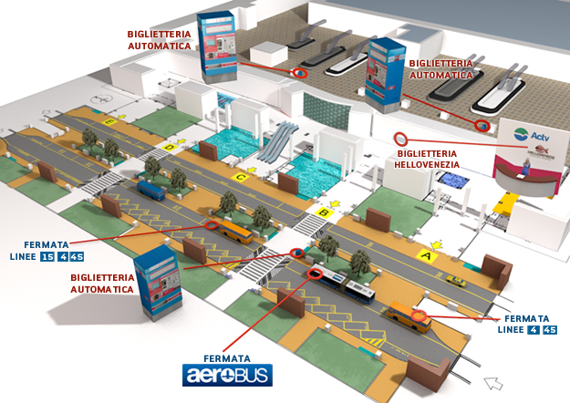 Карта аэропорта Марко Поло (Венеция) и расположение остановок и билетных автоматов - Из аэропорта Марко Поло в Венецию: виды транспорта, расписание автобусов, цены на билеты. Карта аэропорта - как сориентироваться, где остановки. Путеводитель по Венеции, Венеция путеводитель, из аэропорта в Венецию, как добраться в Венецию, автобусы в венецию, автобусы из аэропорта, Венеция, Венеция Италия