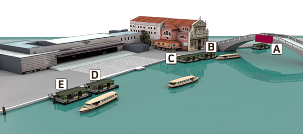 Схема расположения причалов вапоретто у вокзала Венеции - Как добраться на поезде в Венецию: расписание поездов, время в пути до Венеции, стоимость билетов до Венеции. Вокзал Санта Лючия в Венеции -сориентироваться на вокзале, Венеция, Венеция Италия, путеводитель по Венеции, Венеция путеводитель скачать бесплатно, Италия путеводитель, Венеция на поезде, вокзал Венеция
